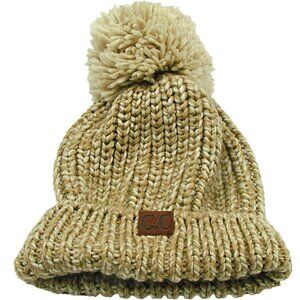 C.C Exclusives Pom Pom Beanie Hat Taupe Tan Chunky Yarn Knit Fold Over Warm OSFM
